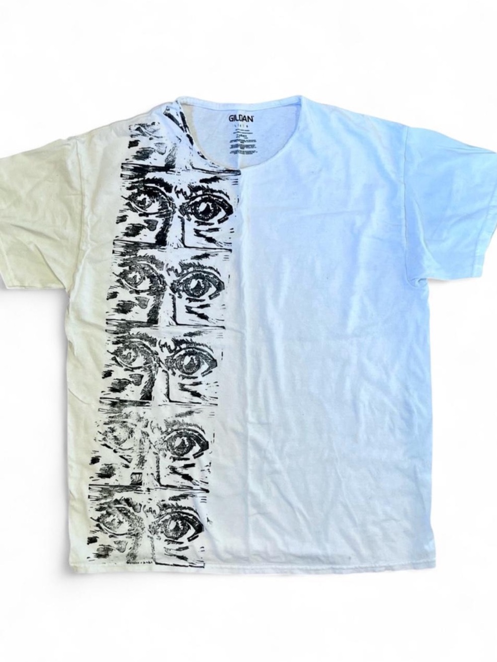 Handmade Block Stamped T-Shirt “Watching Eyes” Graphic Custom SZ L 100% Cotton